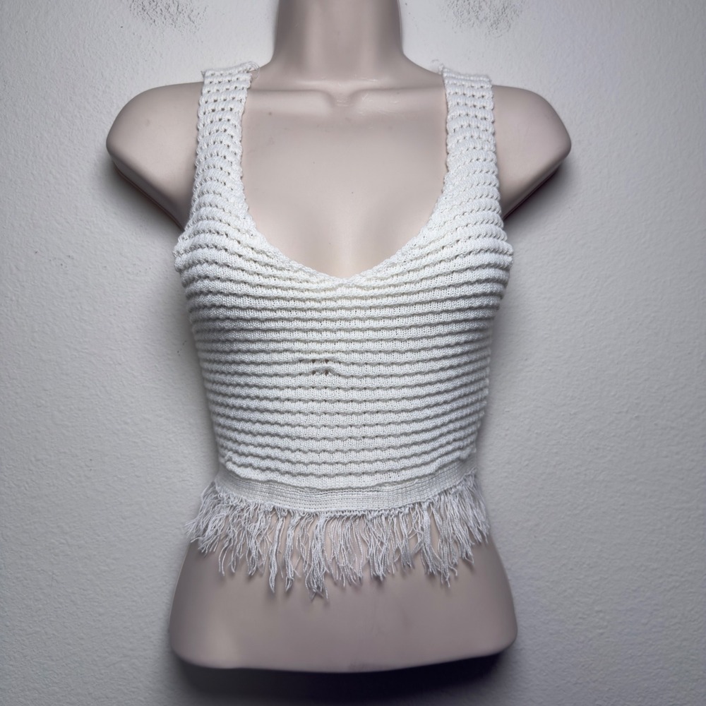 Runway Women 100% Cotton Tank Top Small White Fringe Knit Crochet Crop‎ Festival